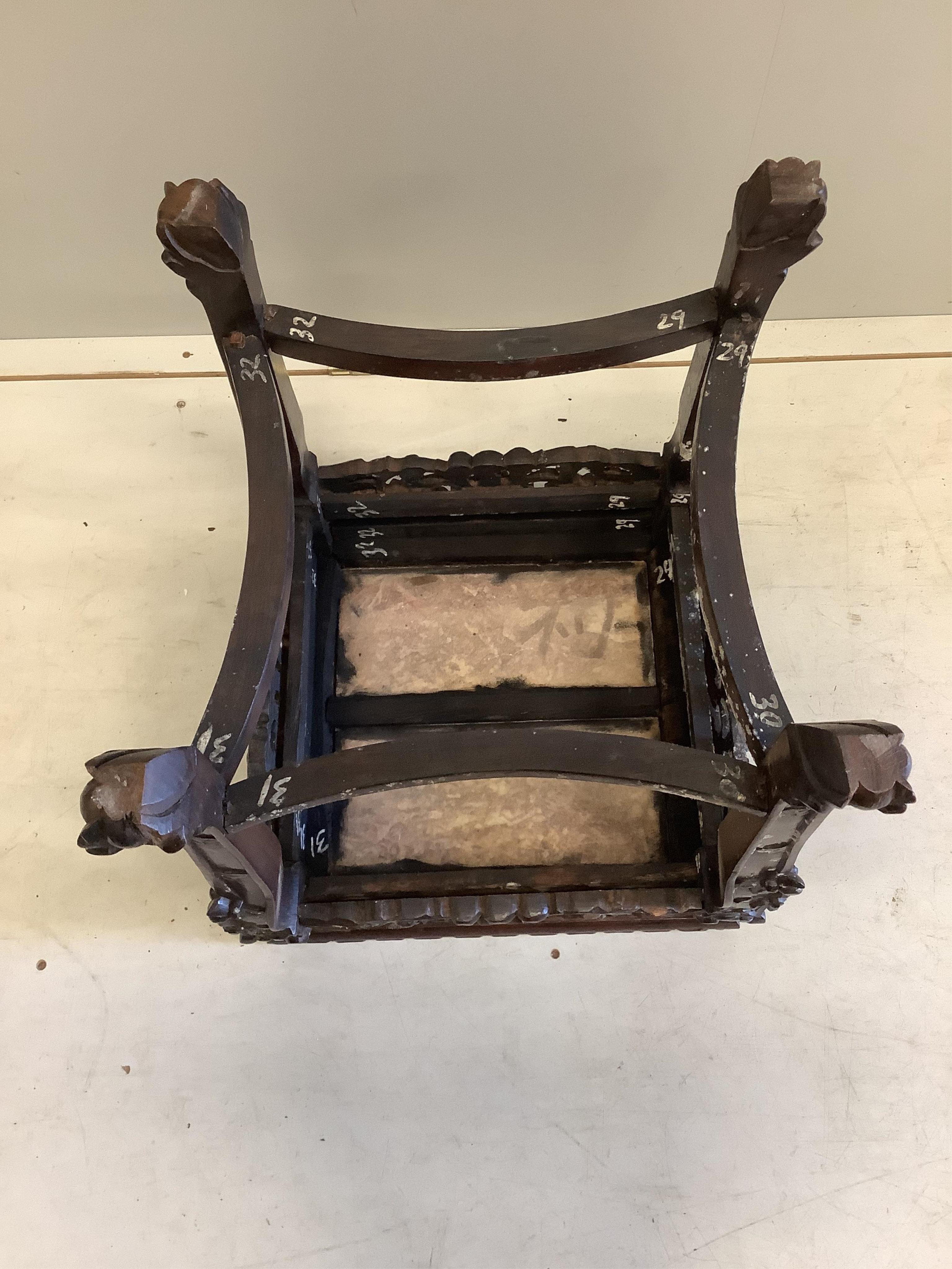 A late 19th century Chinese rouge marble topped hardwood vase stand, width 42cm, depth 42cm, height 46cm